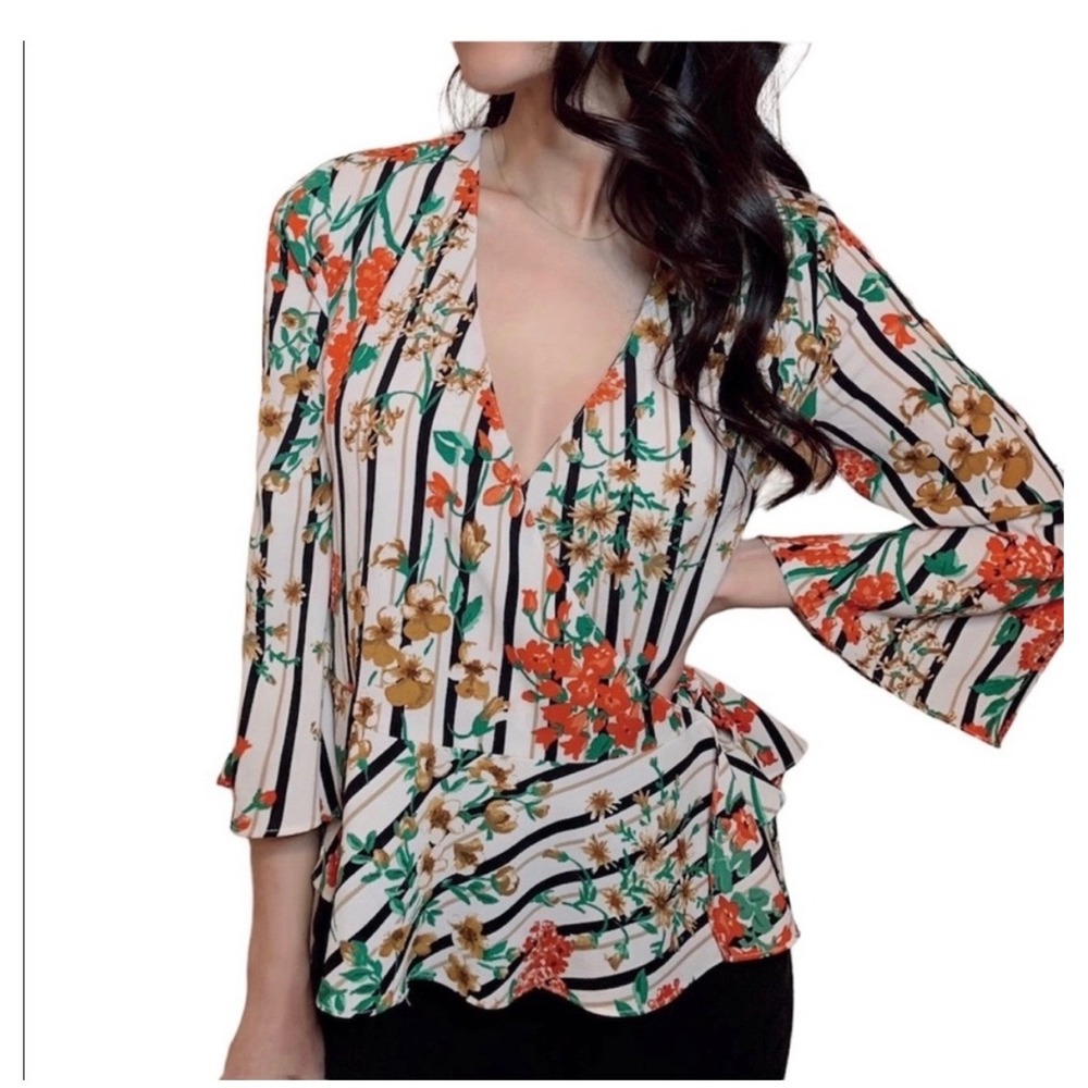 Zara Basic Floral Stripe Wrap Peplum Blouse‎ Red Green XS